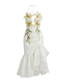Lily-Embroidered Halter Ruffle Maxi Dress - White