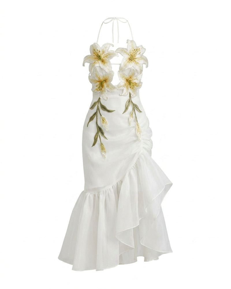 Lily-Embroidered Halter Ruffle Maxi Dress - White
