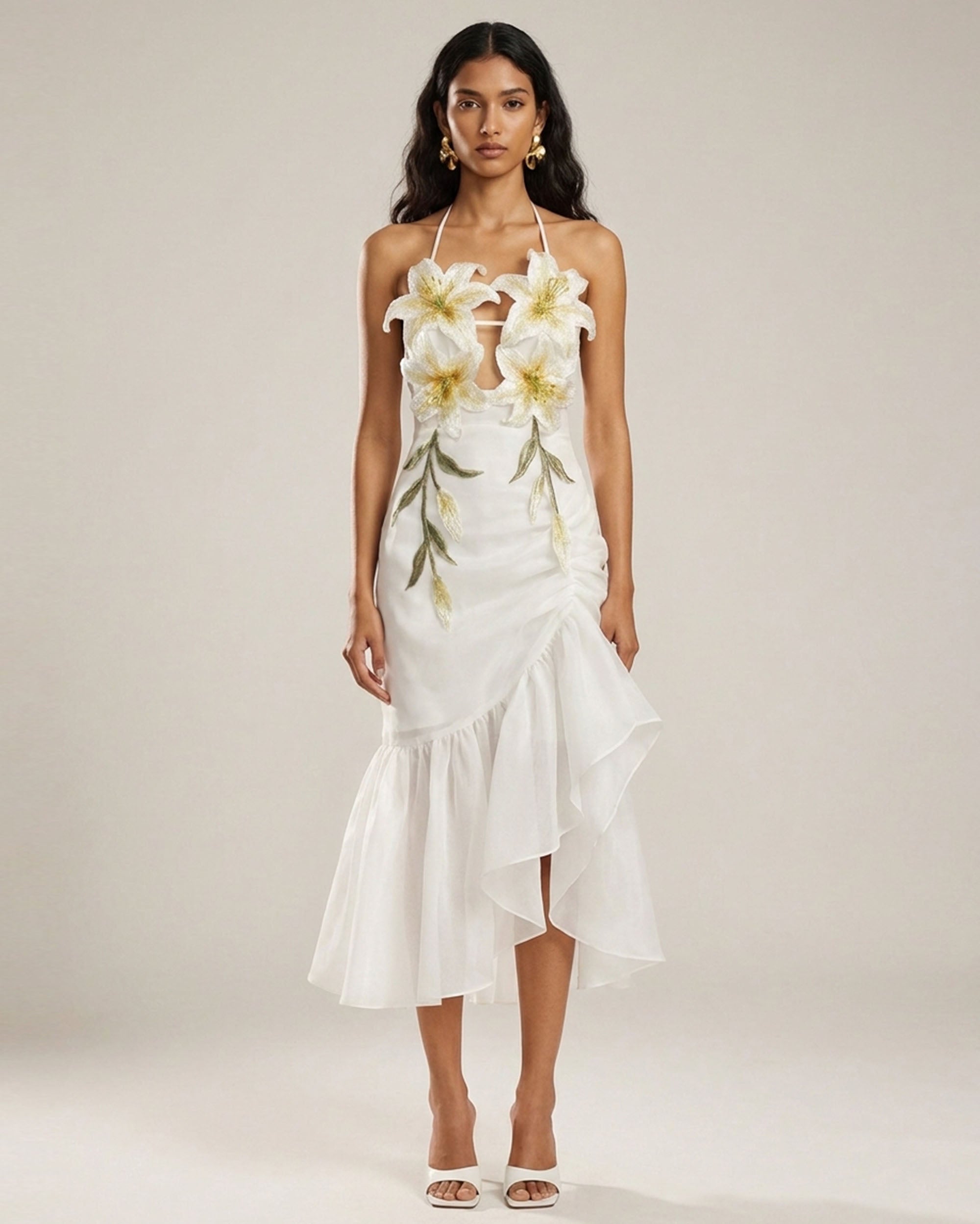 Lily-Embroidered Halter Ruffle Maxi Dress - White