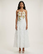 Lily-Embroidered Halter Ruffle Midi Dress - White