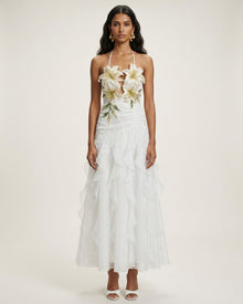 Lily-Embroidered Halter Ruffle Midi Dress - White