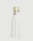 Lily-Embroidered Halter Ruffle Midi Dress - White