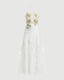 Lily-Embroidered Halter Ruffle Midi Dress - White
