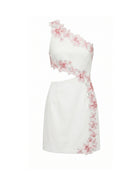 Flower Embroidered One-Shoulder Cutout Mini Dress - White