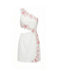 Flower Embroidered One-Shoulder Cutout Mini Dress - White