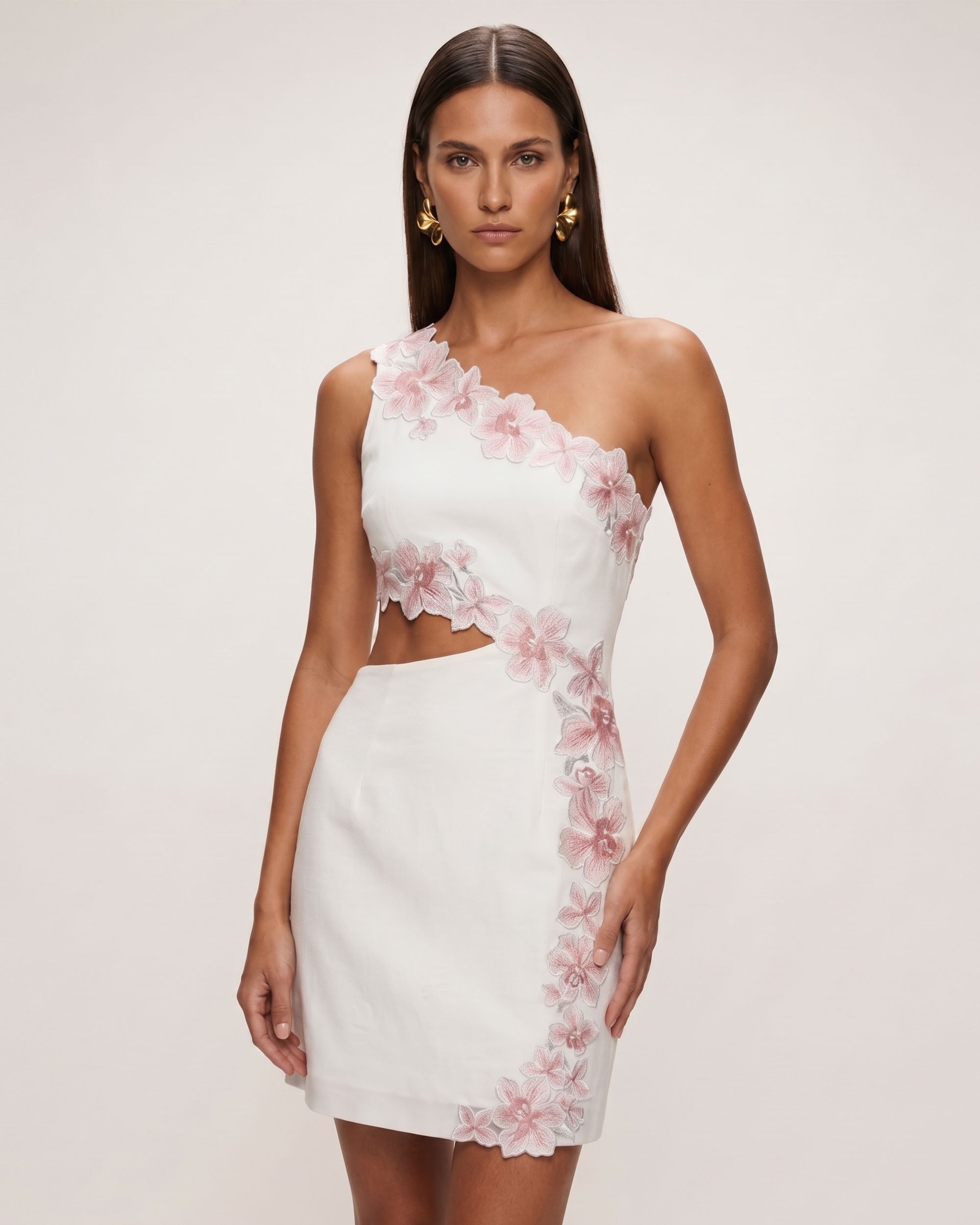 Flower Embroidered One-Shoulder Cutout Mini Dress - White
