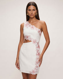 Flower Embroidered One-Shoulder Cutout Mini Dress - White