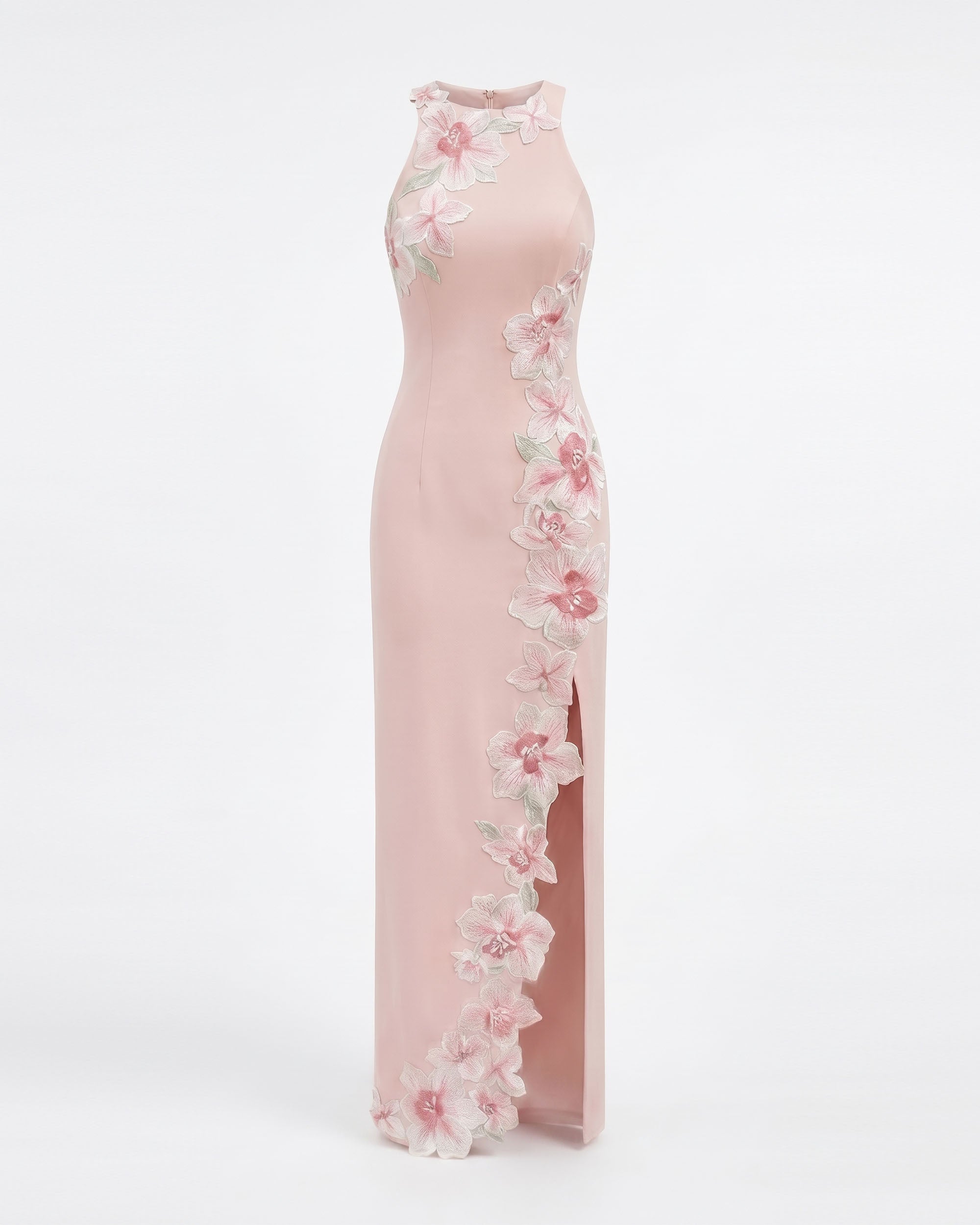 Flower Embroidered Halter Maxi Dress - Blush Pink