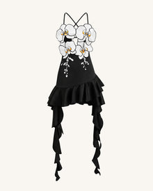 Orchid Embroidered Ruffle Hem Mini Dress - Black