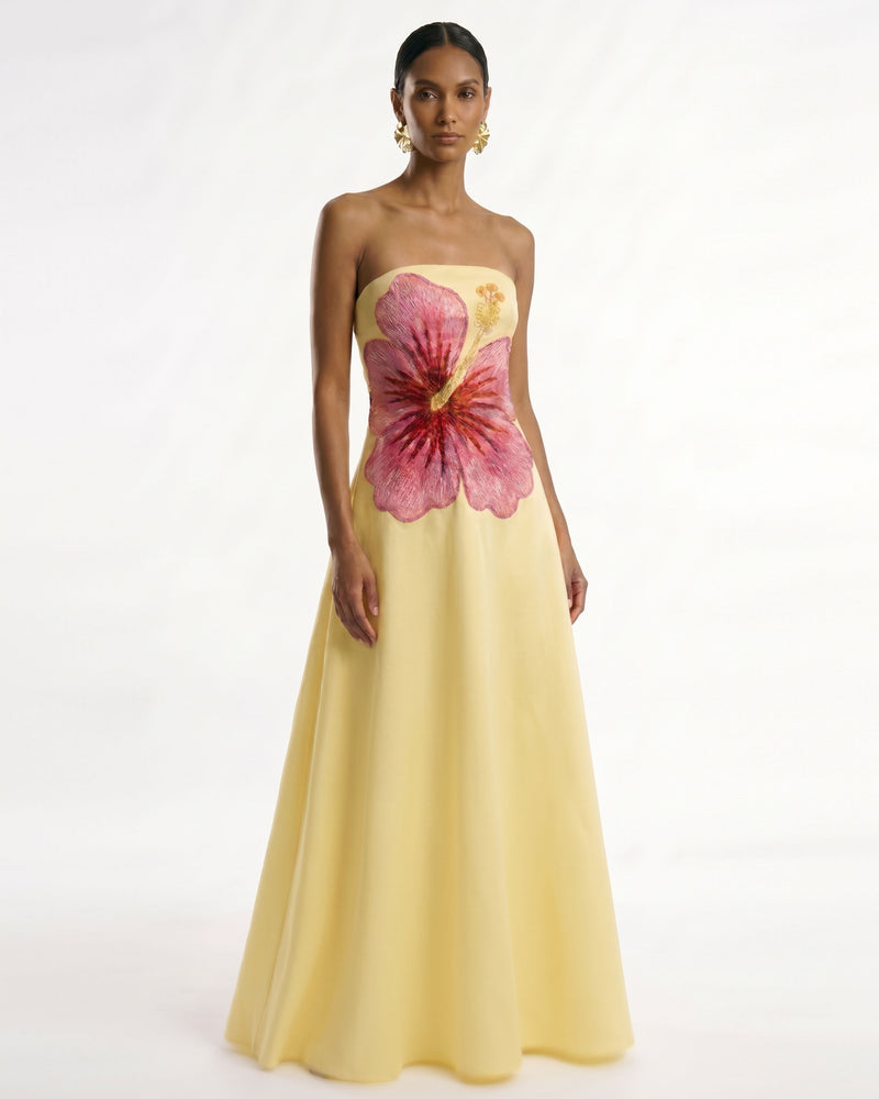 Hibiscus Embroidered Bandeau Maxi Dress - Yellow