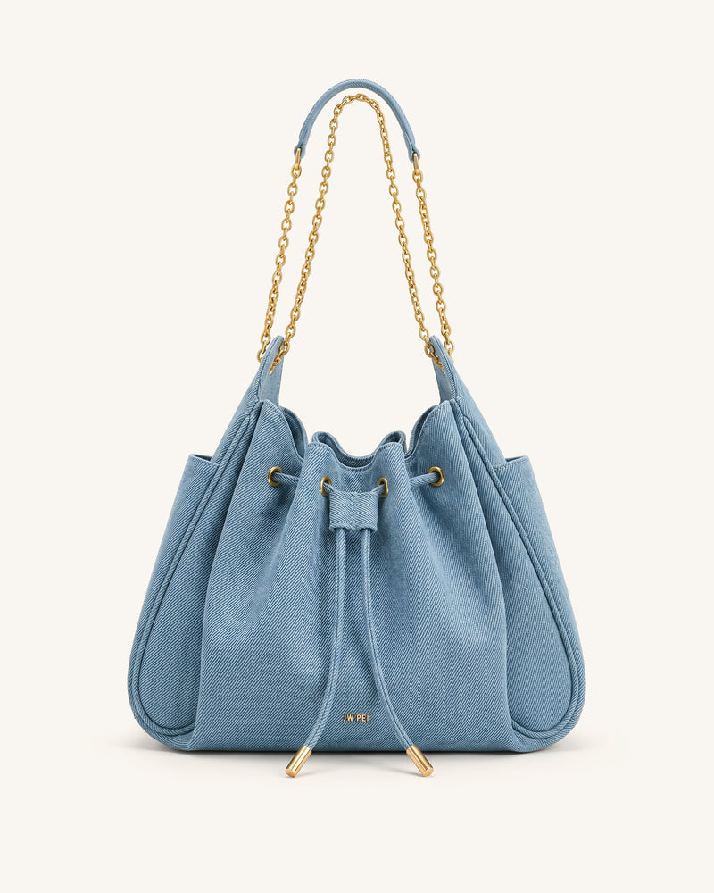 Rowan Ruched Drawstring Chain Bucket Bag - Light Blue Denim