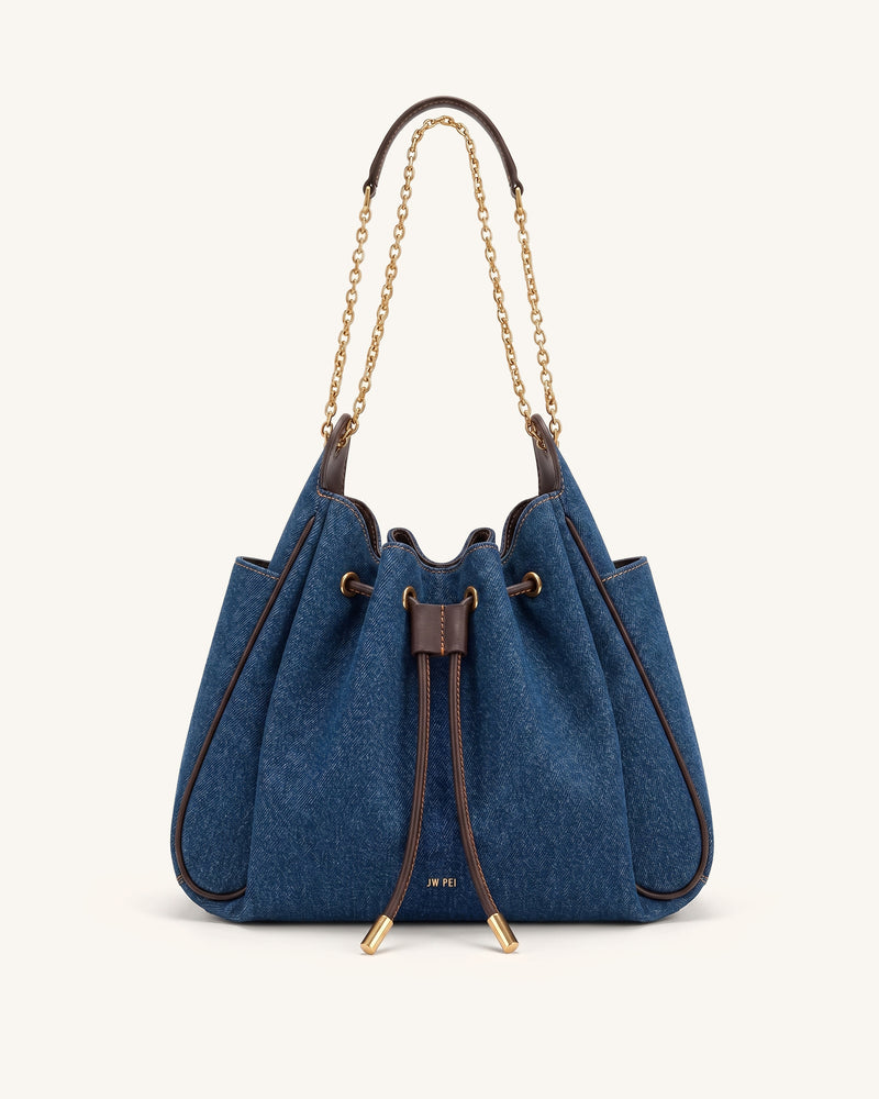 Rowan Ruched Drawstring Chain Bucket Bag - Dark Blue Denim