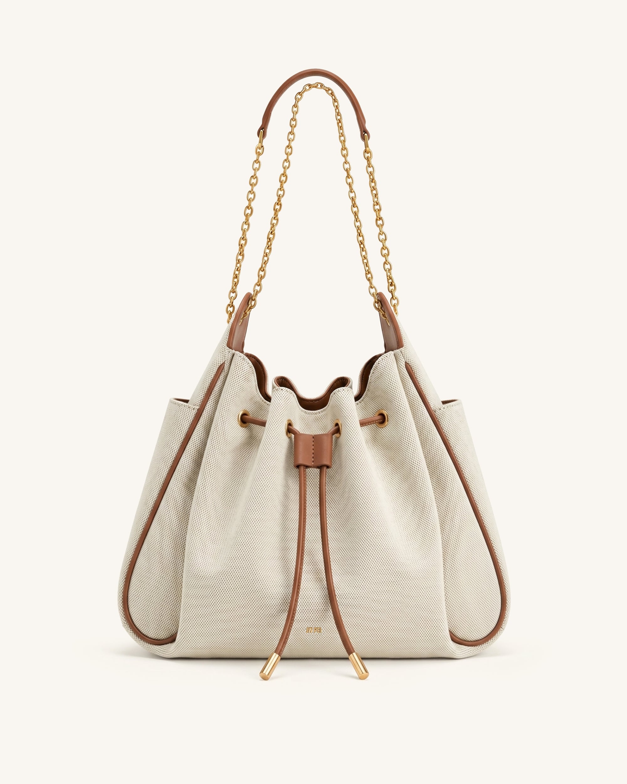 Rowan Ruched Drawstring Chain Bucket Bag - Brown Canvas