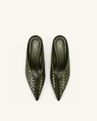 Helena Woven Textured Pointed Toe Mules - Olive Green
