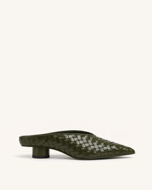 Helena Woven Textured Pointed Toe Mules - Olive Green