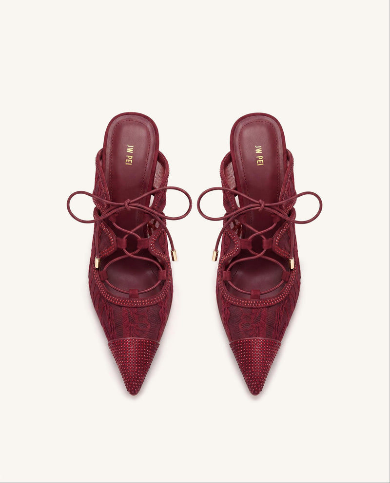 Sofia Lace Bow Mule Heels - Burgundy