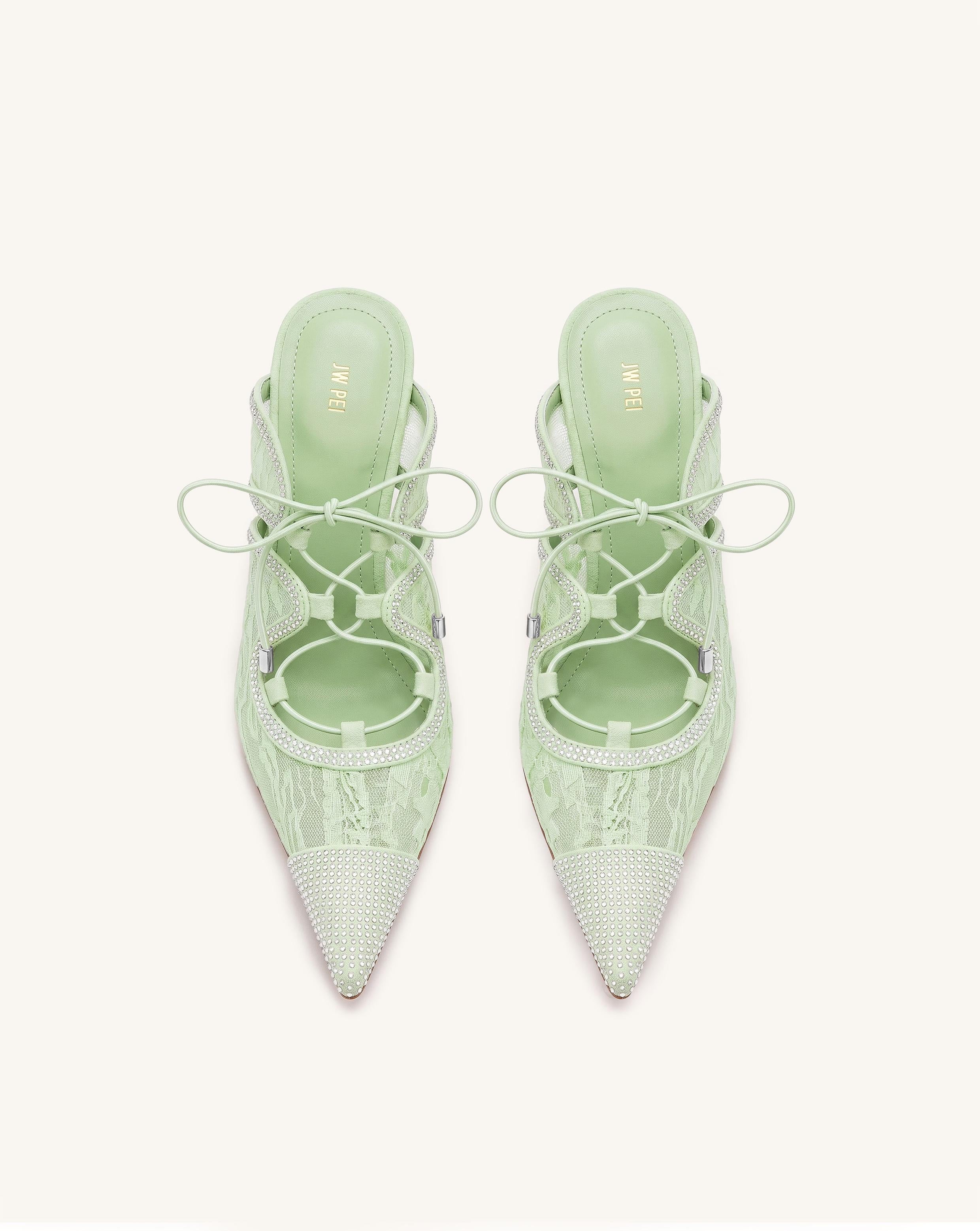Sofia Lace Bow Mule Heels - Nile Green