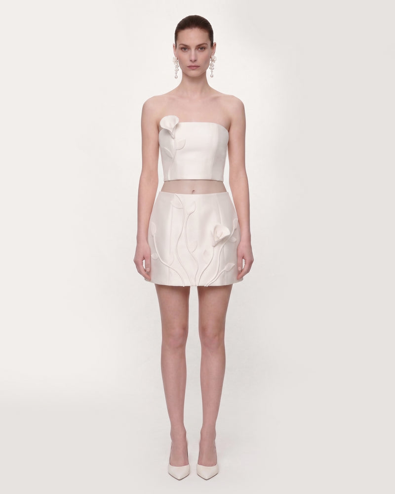 Floral Appliqué Strapless Crop Top - White
