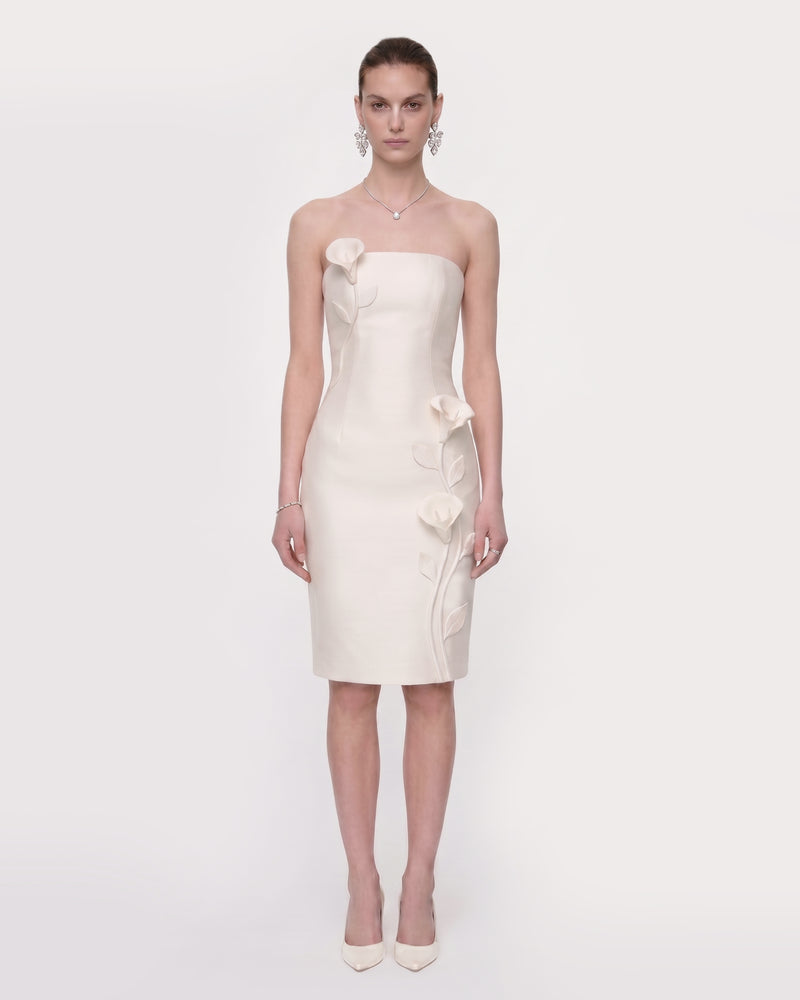 Floral Appliqué Strapless Midi Dress - White