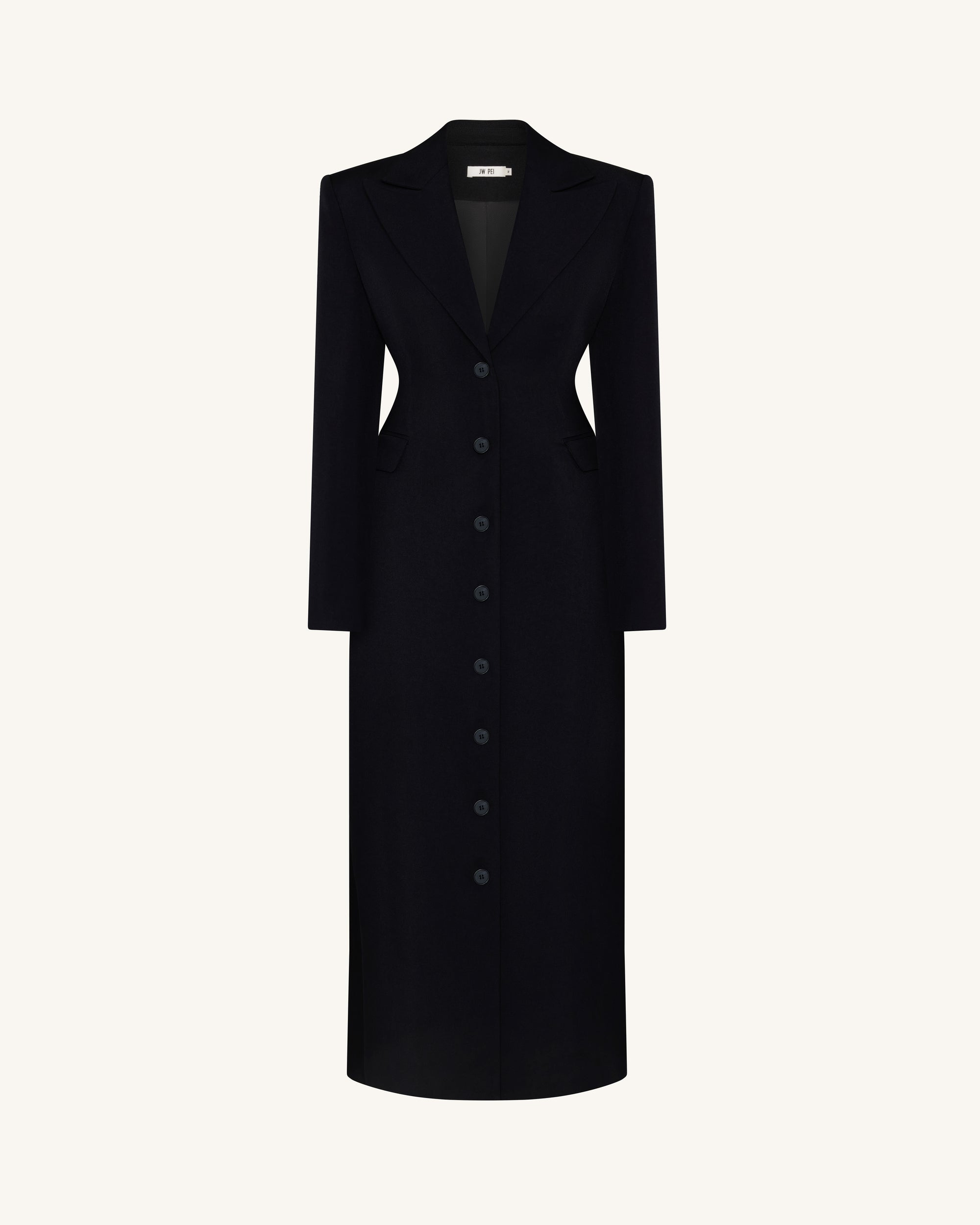 Structured Shoulder Fitted Lapel Maxi Coat - Black