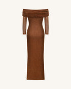 Rhinestone Mesh Off-Shoulder Maxi Dress - Brown