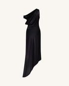 Satin Draped One-Shoulder Asymmetric Dress - Black