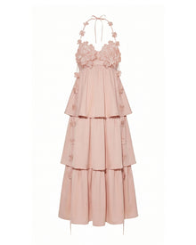 Floral Embellished Tiered Halter Maxl Dress - Blush Pink