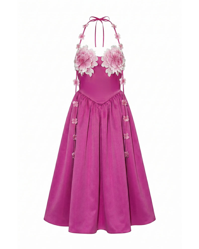 Floral Embellished Halter Maxi Dress - Fuchsia