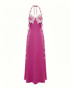 Floral Embellished Halter Slip Maxi Dress - Fuchsia