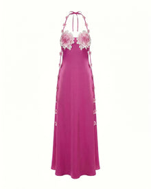 Floral Embellished Halter Slip Maxi Dress - Fuchsia