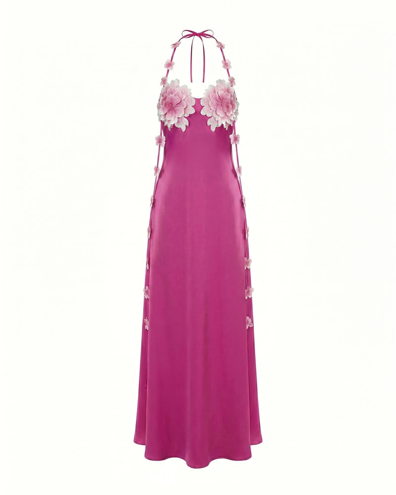Floral Embellished Halter Slip Maxi Dress - Fuchsia