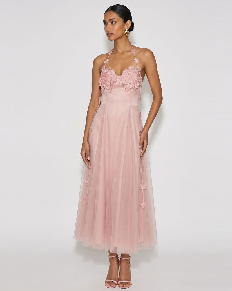 Floral Embellished Halter Tulle Maxi Dress - Blush Pink