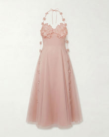 Floral Embellished Halter Tulle Maxi Dress - Blush Pink