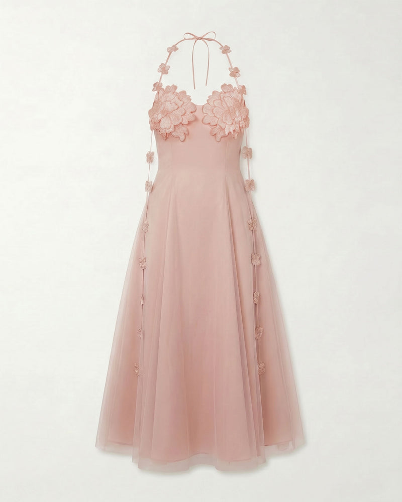 Floral Embellished Halter Tulle Maxi Dress - Blush Pink