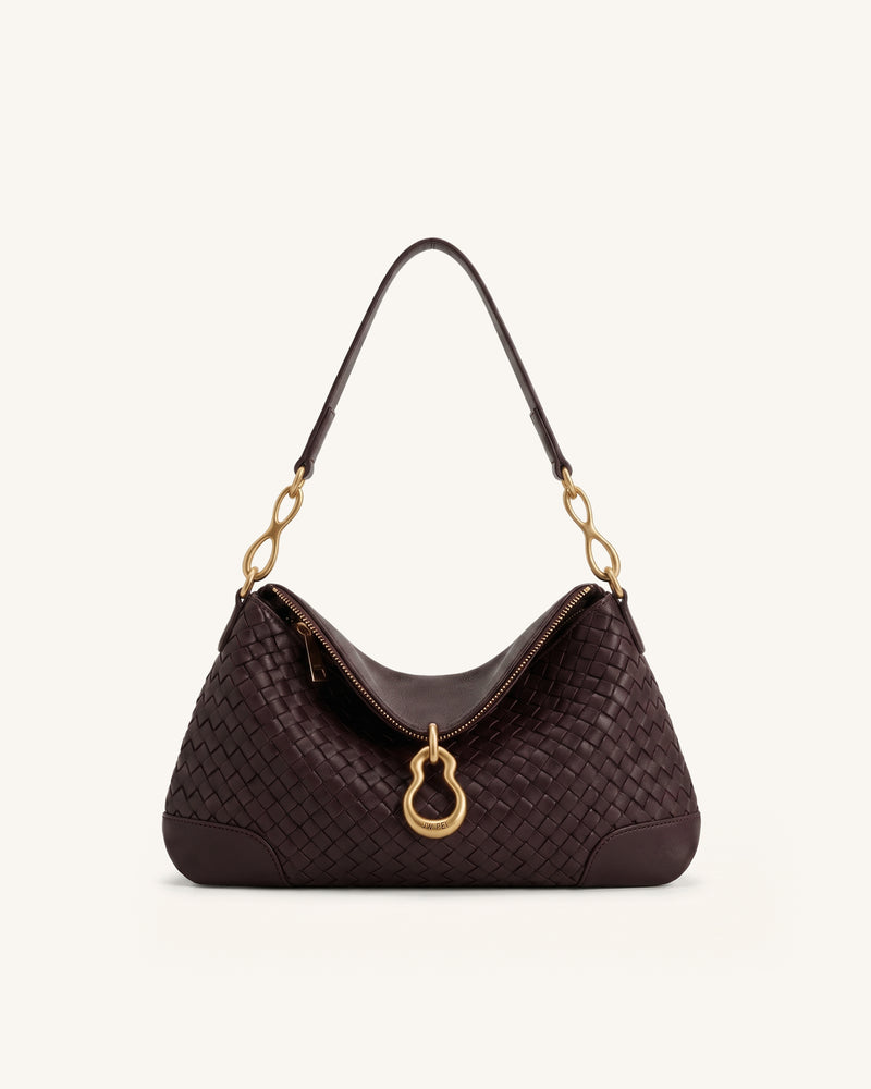 Jayla Metal Pendant Embellished Woven Shoulder Bag - Deep Burgundy