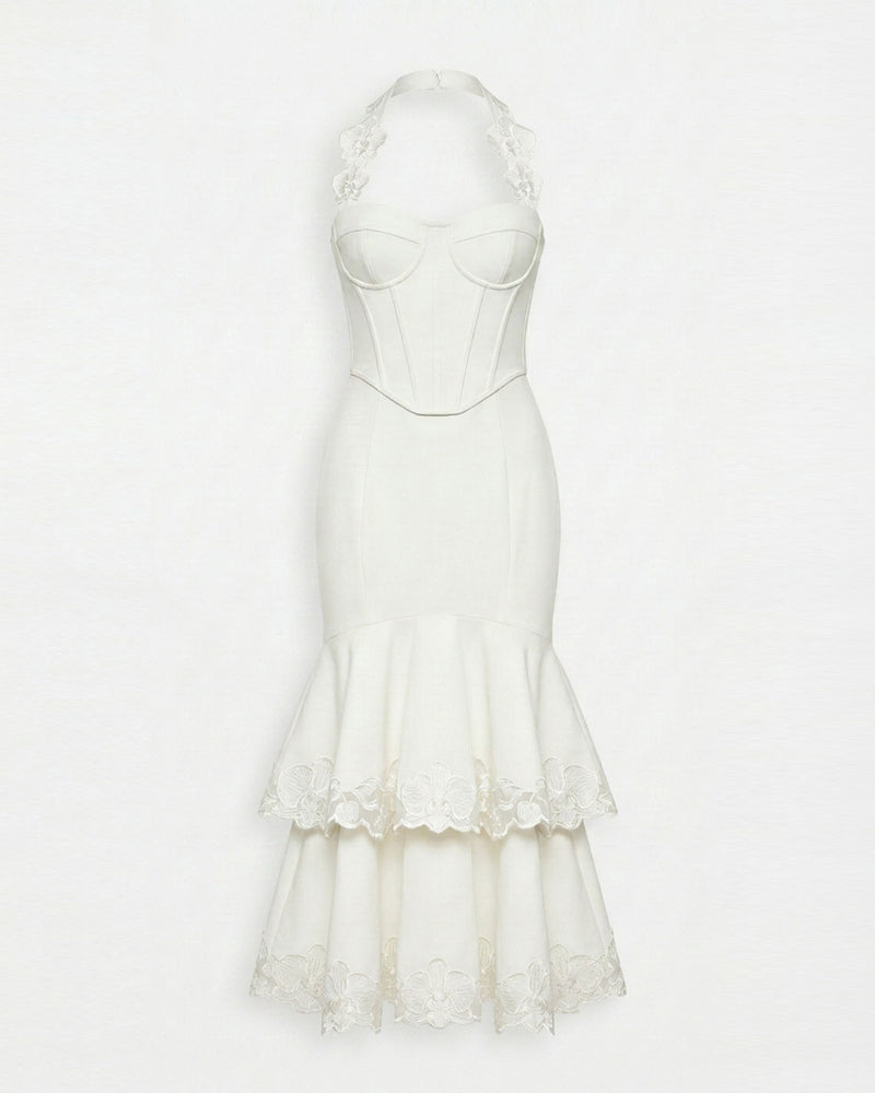 Orchid Embroidered Halter Corset Midi Dress - White