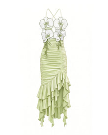 Orchid Embellished Ruched Ruffle Dress - Light Green
