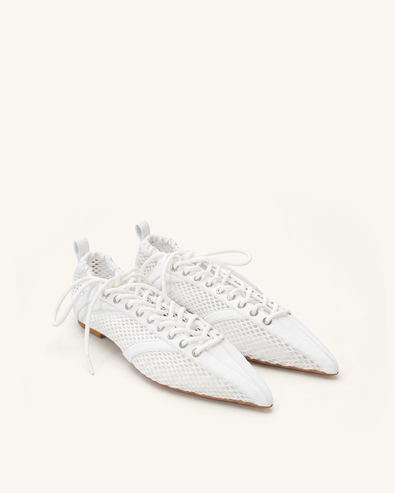 Ava Lace-Up Mesh Flats - White