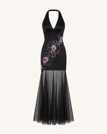Orchid Embroidered Sheer Hem Halter Maxi Dress -  Black Purple