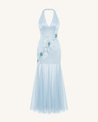 Orchid Embroidered Sheer Hem Halter Maxi Dress - Light Blue