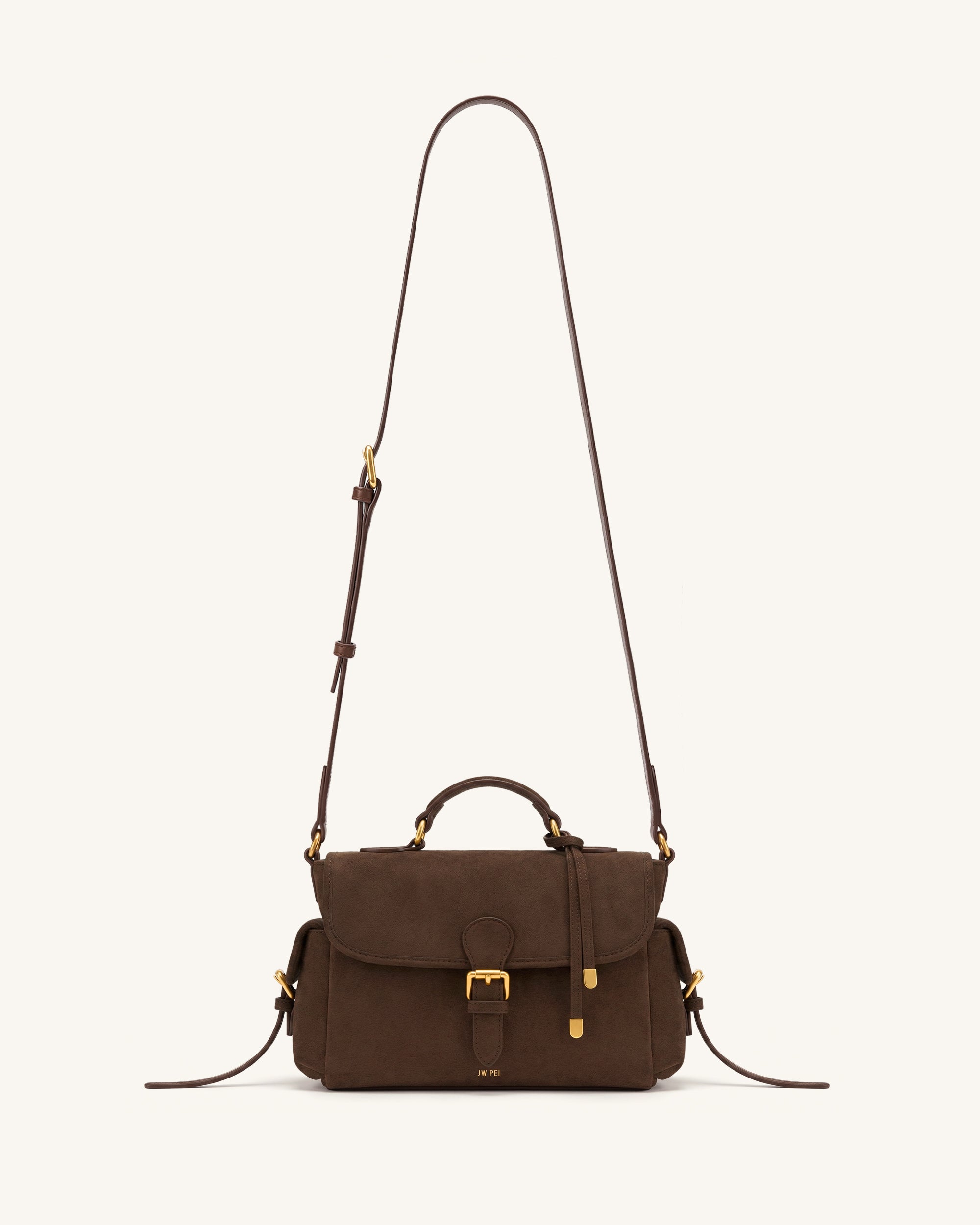 Marina Faux Suede Flap Multi-Pocket Top Handle Crossbody Bag - Dark Brown