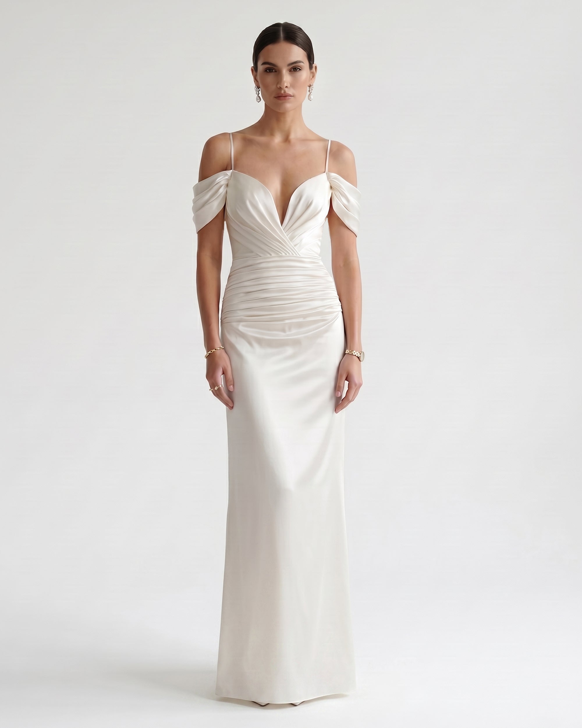 Satin Spaghetti Strap Ruched Maxi Gown - White