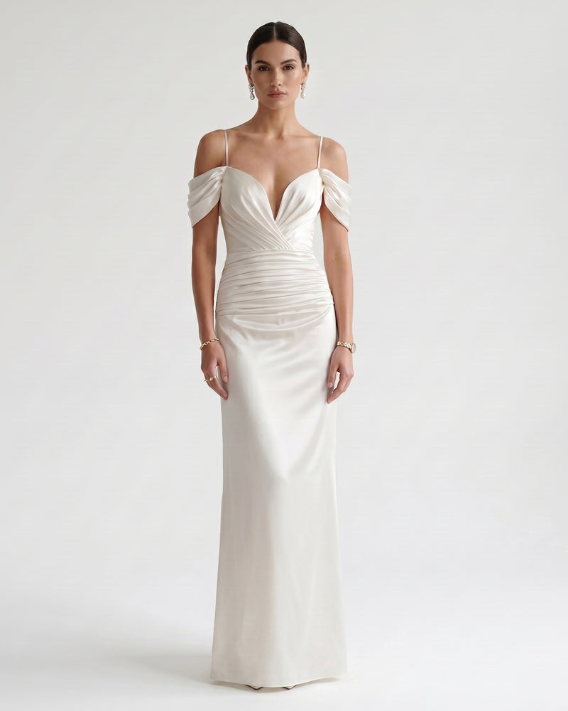 Satin Spaghetti Strap Ruched Maxi Gown - White