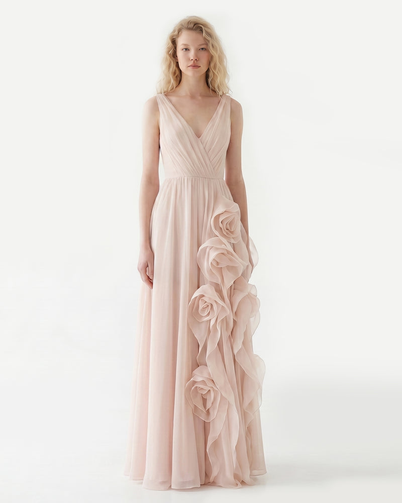 V-Neck Rosette Flowy Maxi Dress - Blush