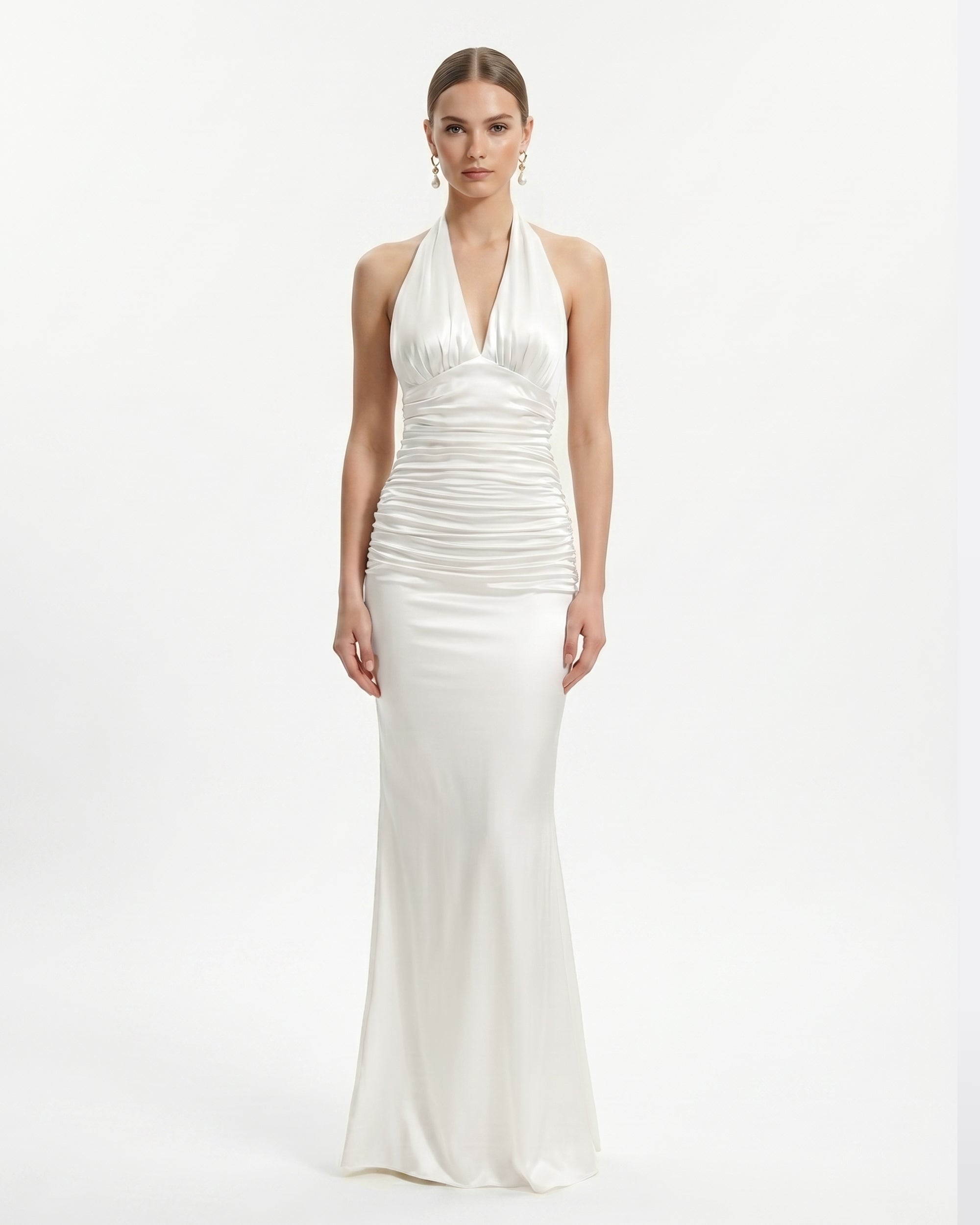 Satin Halter Ruched Maxi Gown - White