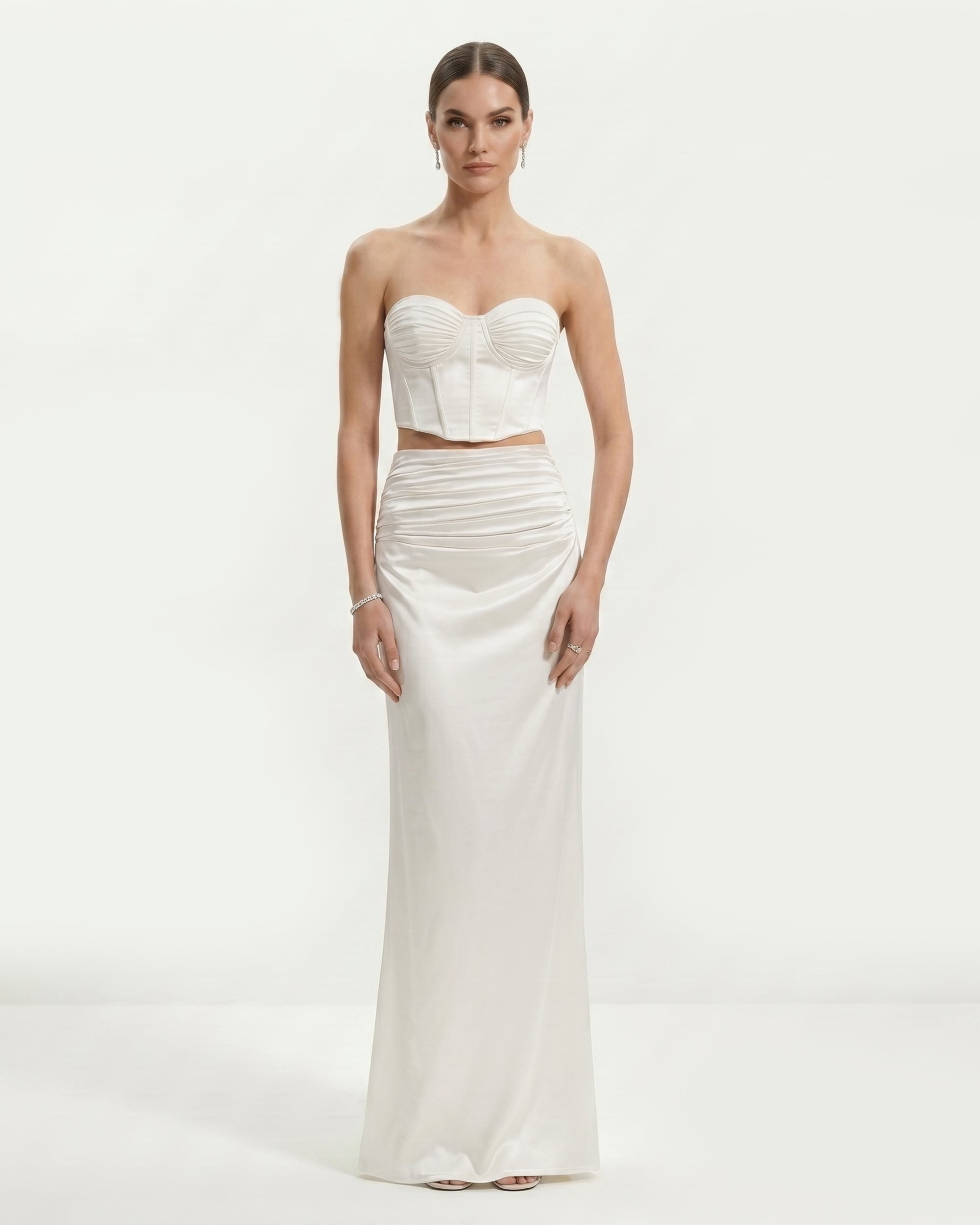 Satin Strapless Ruched Corset Top - White