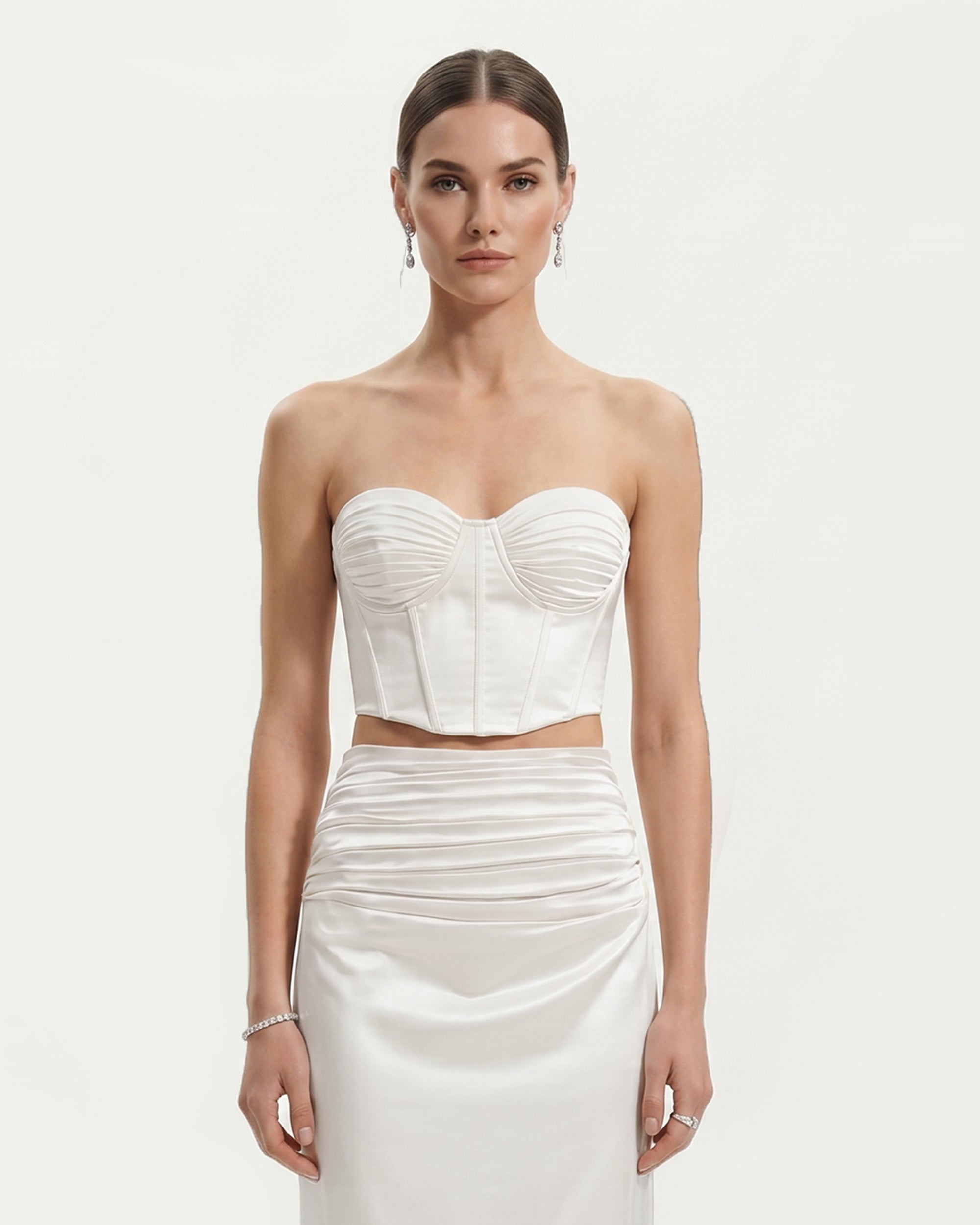 Satin Strapless Ruched Corset Top - White