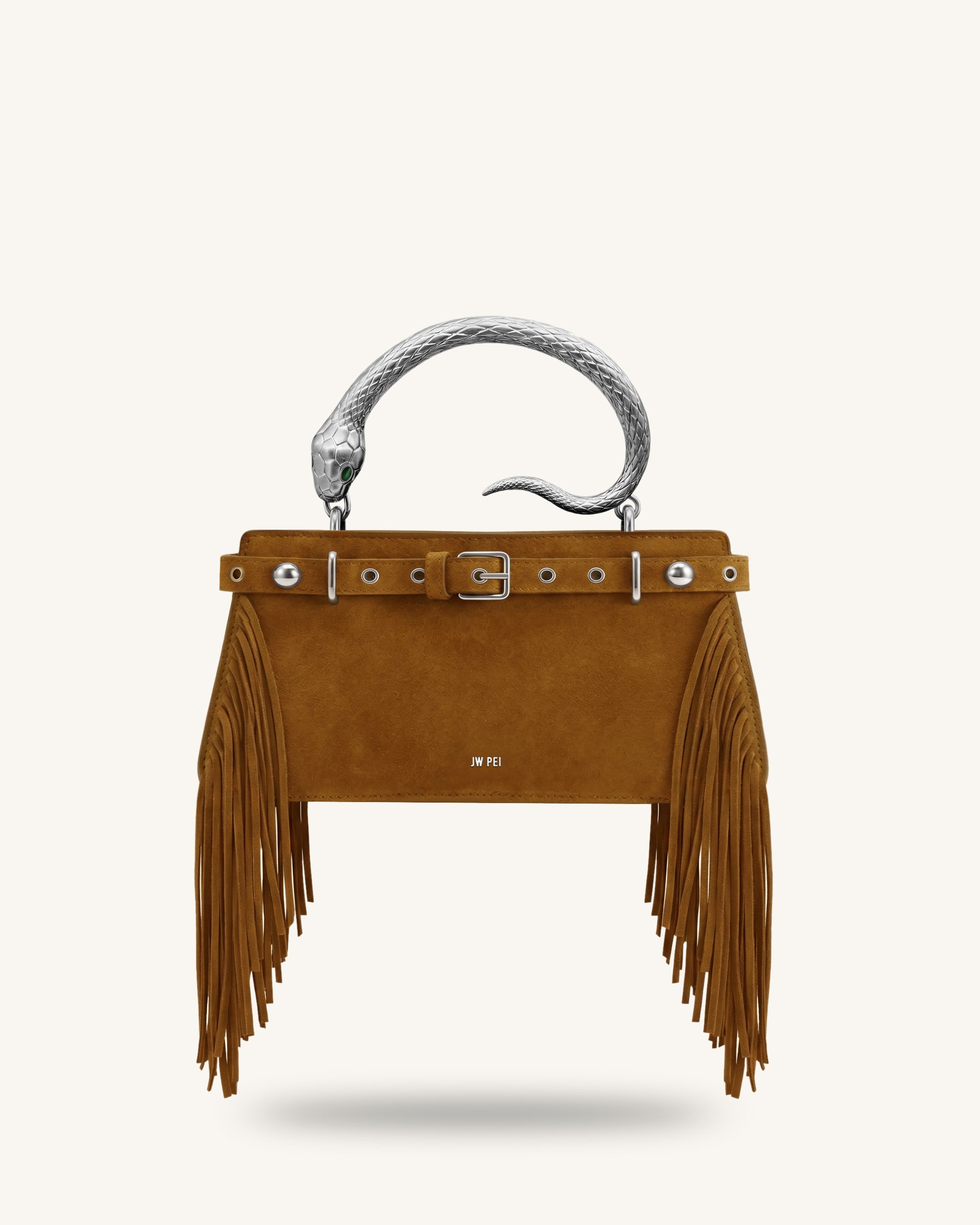 Elena Snake Handle Faux-Suede Fringe Top Handle Bag - Brown