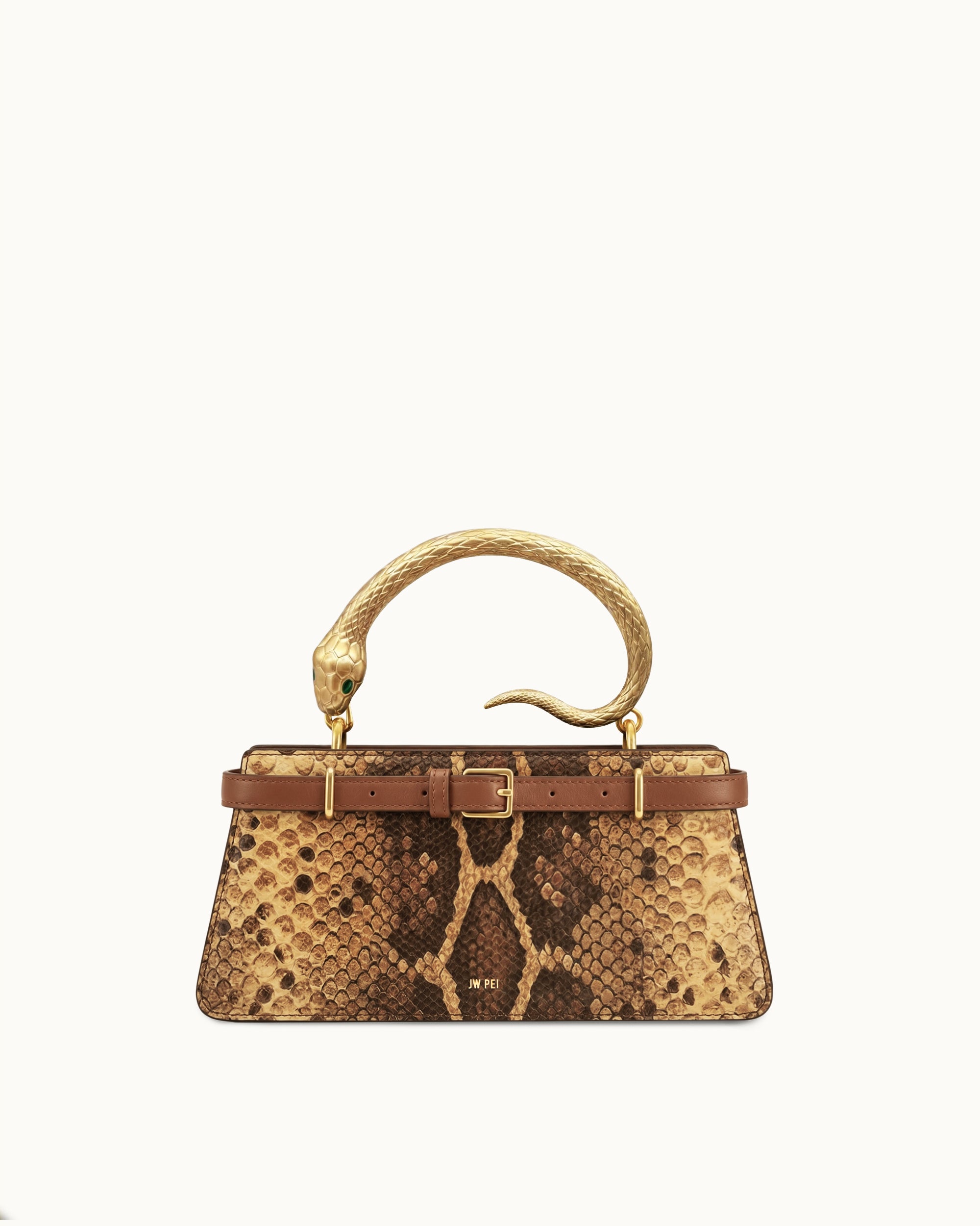 Elena Snake Handle Faux Snake Pattern Top Handle Bag - Brown