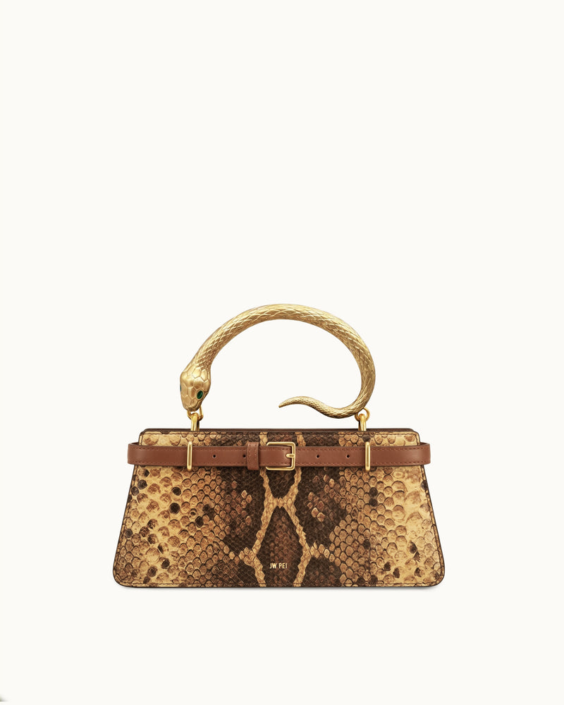 Elena Snake Handle Faux Snake Pattern Top Handle Bag - Brown